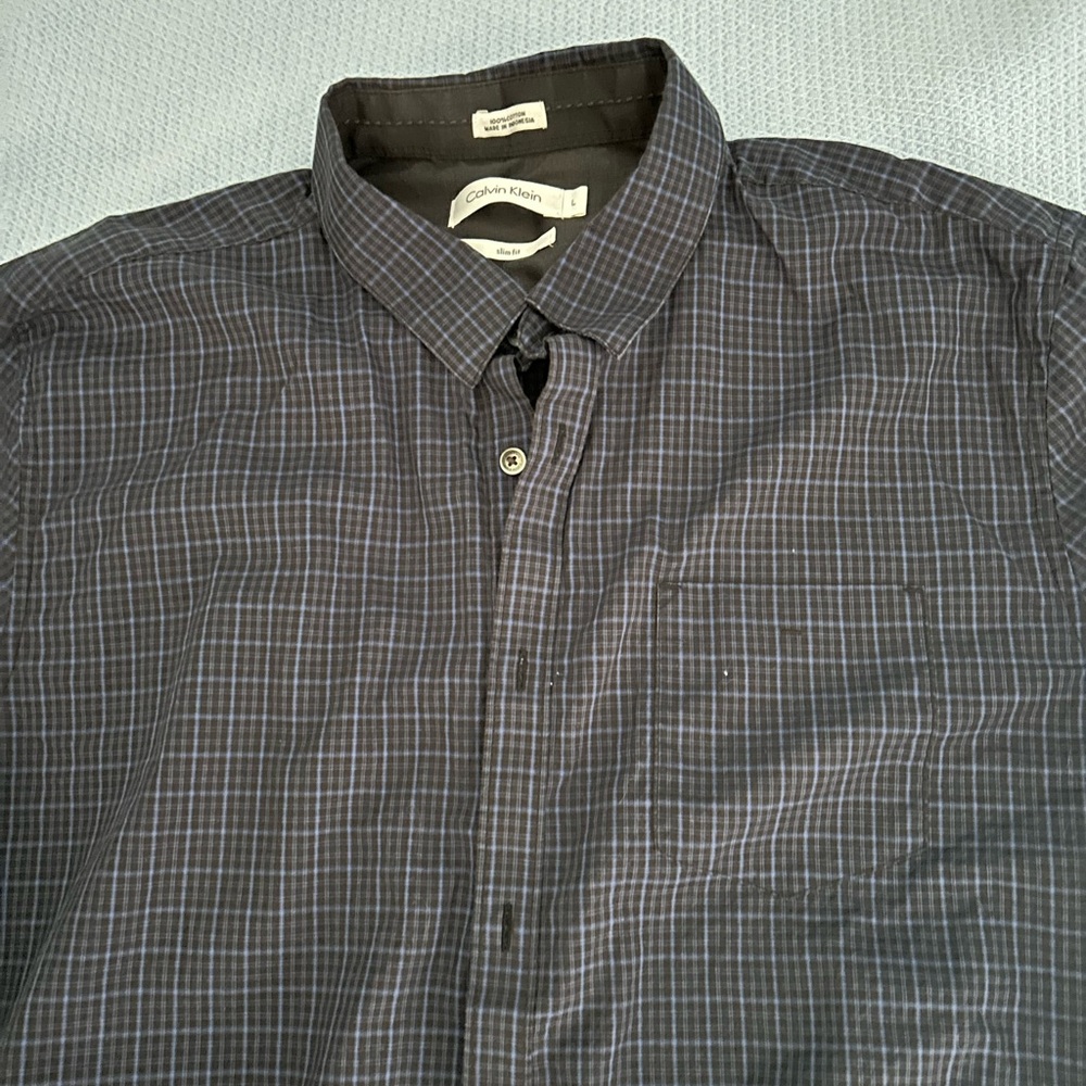 Calvin Klein Men's Blue and Black Plaid Shirt